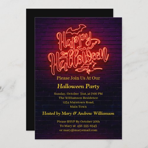 Happy Halloween Neon Glow Look Witch Brick Party Invitation