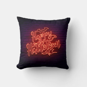Happy Halloween Neon Look Witch Bat Brick Party Throw Pillow