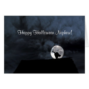 Happy Halloween Nephew Cat and Moon Card