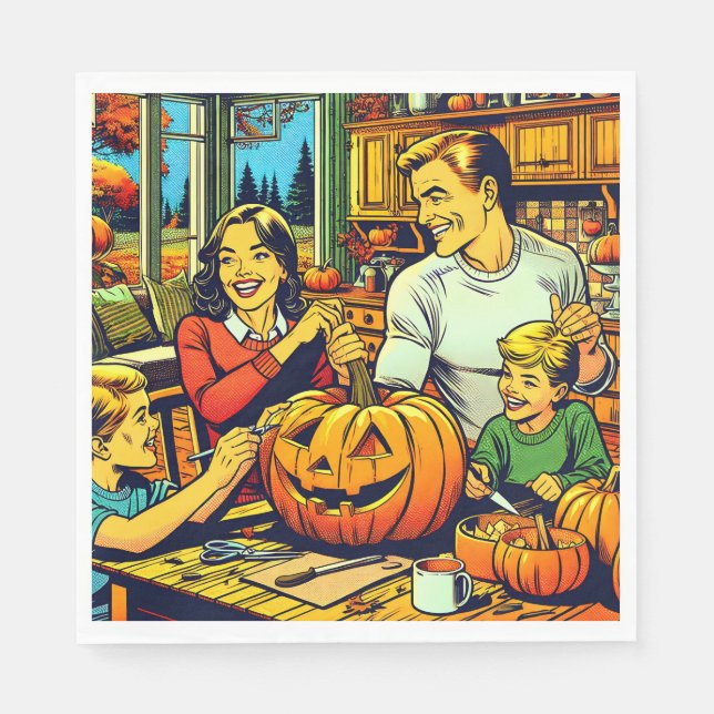 Happy Halloween Nostalgic Family Carving Pumpkins Napkins (Front)
