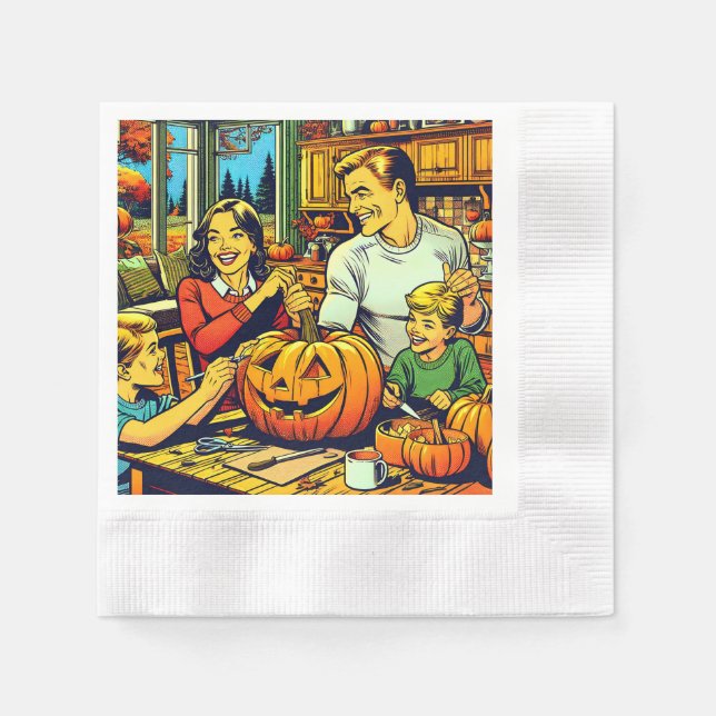 Happy Halloween Nostalgic Family Carving Pumpkins Napkins (Front)