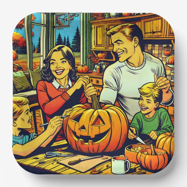 Happy Halloween Nostalgic Family Carving Pumpkins Paper Plates (Front)