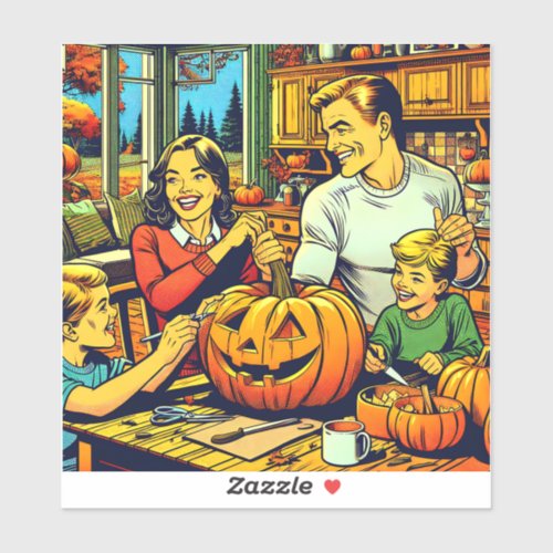 Happy Halloween Nostalgic Family Carving Pumpkins Sticker