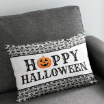 Happy Halloween Orange and Black Typography Lumbar Pillow<br><div class="desc">Celebrate Halloween in style with this decorative "Happy Halloween" typography throw pillow design. Features a white background,  black decorative text,  an orange jack-o-lantern pumpkin accent,  and a gray vintage damask border design.</div>