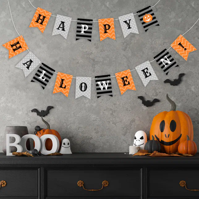 Happy Halloween Orange Black and Gray Patterned Bunting Flags
