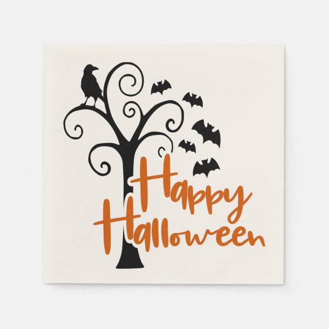 Happy Halloween Orange Black Dead Tree Bats Raven Napkins (Front)