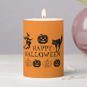 Happy Halloween orange black fun spooky cute Pillar Candle