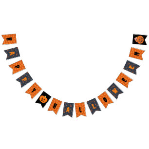 Happy Halloween Orange Black Pumpkin Patterned  Bunting Flags