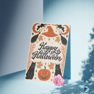 Happy Halloween Orange Black Retro Vintage Postcard