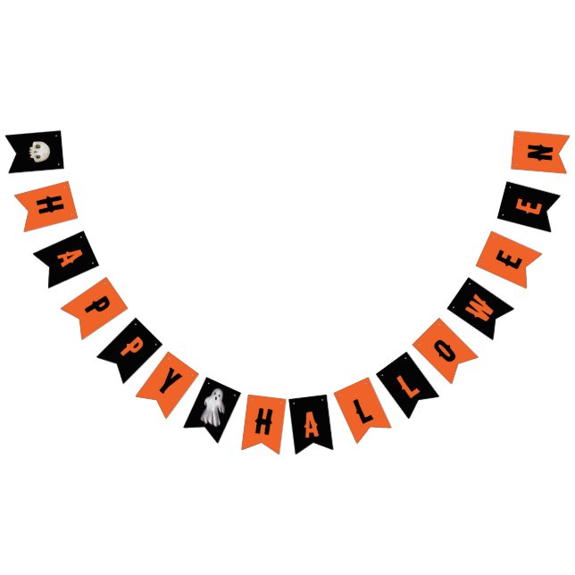 Happy Halloween Orange Black Skull Ghost  Bunting Flags (All)