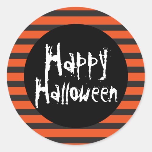 Happy Halloween Orange Black Striped Spooky Font Classic Round Sticker