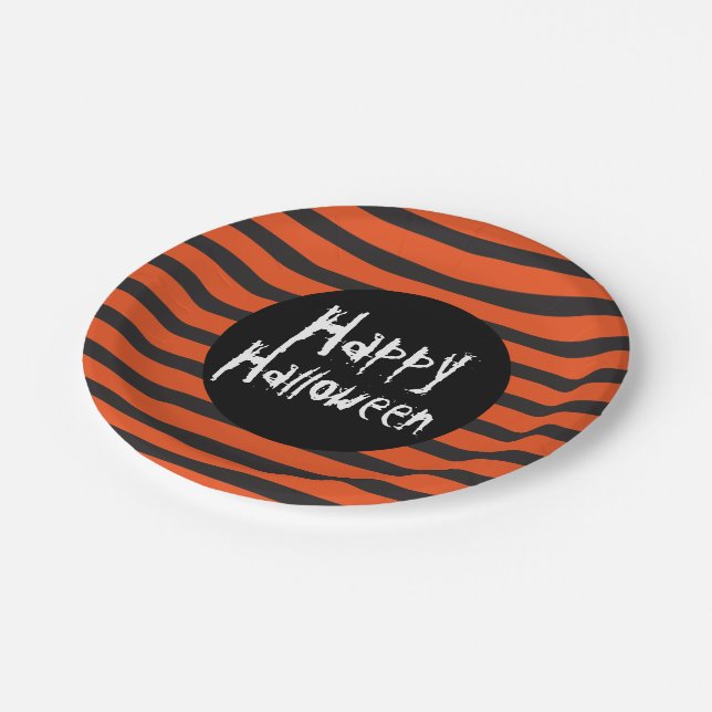 Happy Halloween Orange Black Striped Spooky Font Paper Plates (Angled)