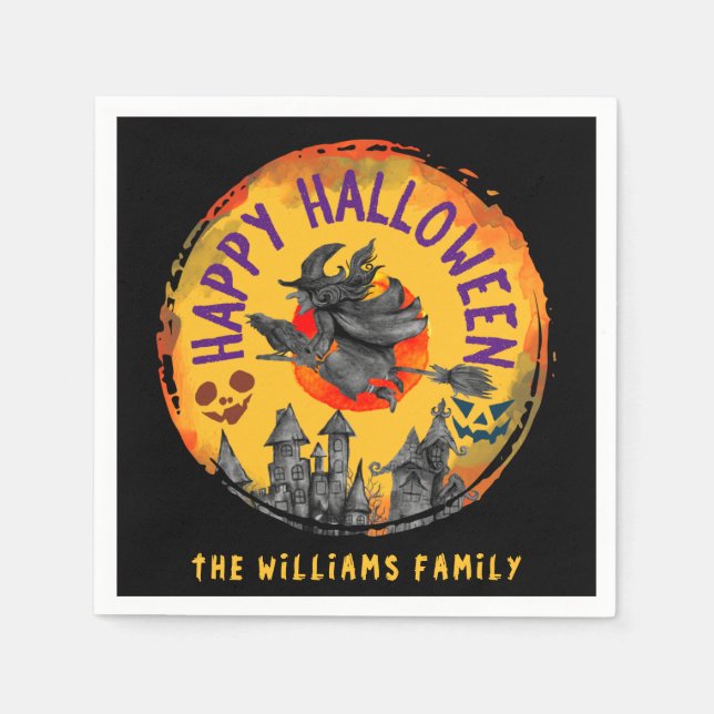 Happy Halloween Orange Black Witch Broomstick Napkins (Front)