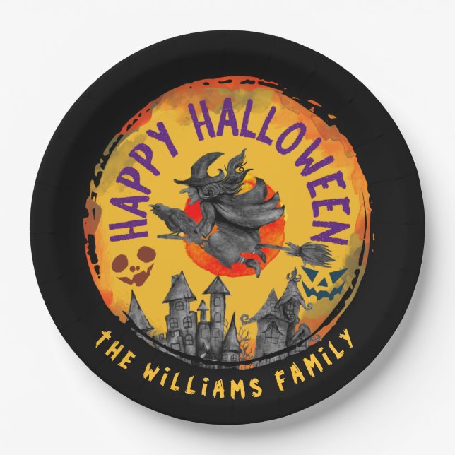 Happy Halloween Orange Black Witch Broomstick  Paper Plates (Front)