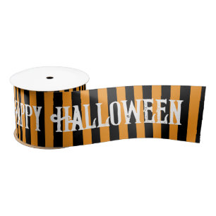 Happy Halloween Orange Black Witch Stripes Satin Ribbon