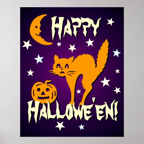 Happy Halloween Orange Cat Moon Pumpkin Poster