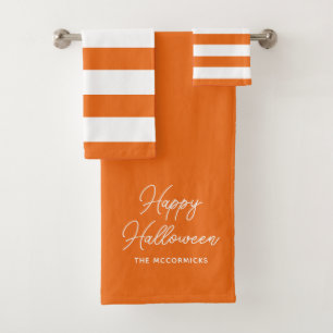 Happy Halloween Orange Chic Script Personalized Bath Towel Set