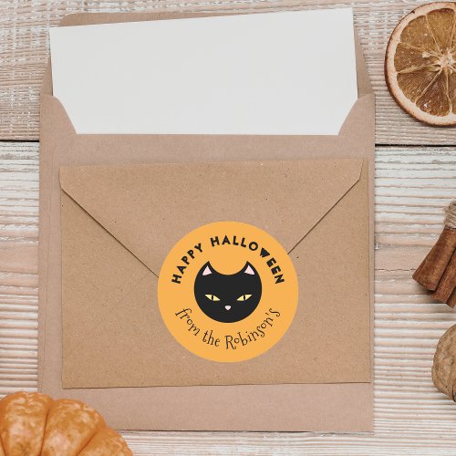 Happy Halloween Orange Cute Black Cat Classic Round Sticker