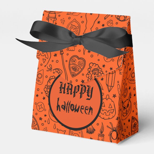 Happy Halloween Orange Doodle Pattern Favor Boxes (Front Side)