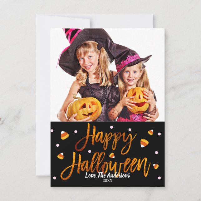 Happy Halloween Orange Foil Modern Script Photo Card (Front)