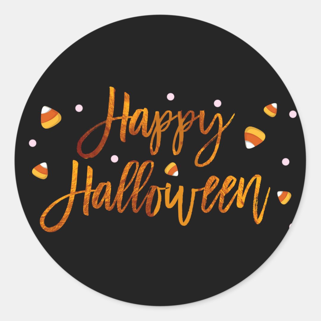 Happy Halloween Orange Foil Modern Script Trendy Classic Round Sticker ...