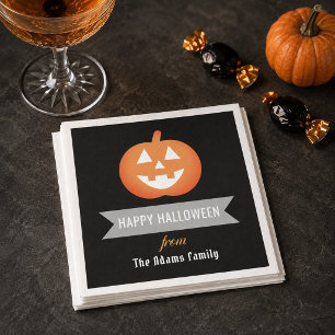Happy Halloween Orange Jack o Lantern Family Name Paper Napkins