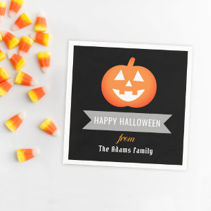 Happy Halloween Orange Jack o Lantern Family Name Paper Napkins