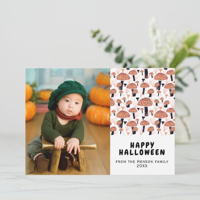 Happy Halloween Orange Mushroom Fall Photo Holiday Card (Standing Front)