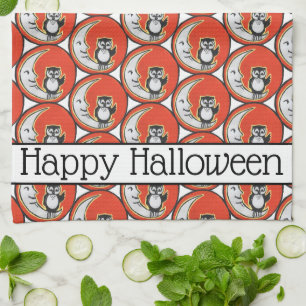 Happy Halloween Orange Owl Moon Vintage Whimsical Kitchen Towel