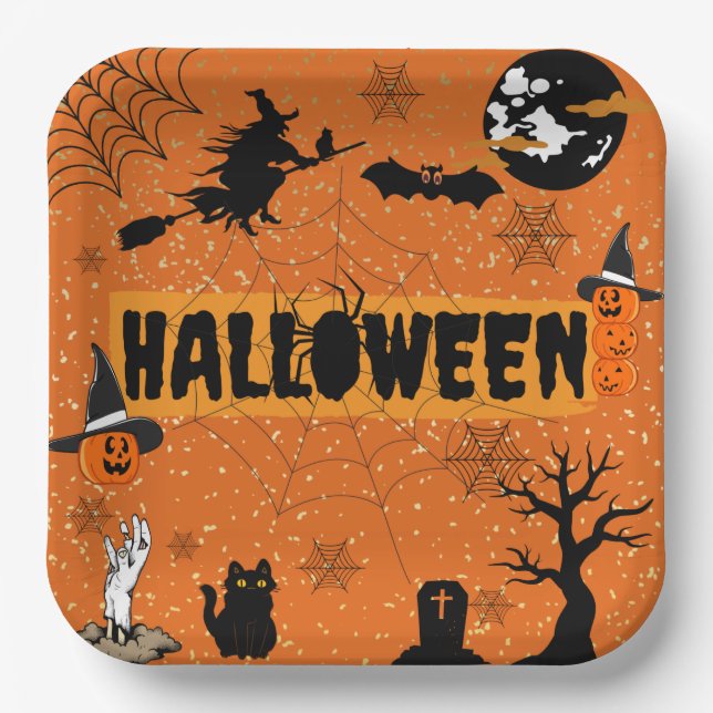 HAPPY HALLOWEEN(ORANGE) PAPER PLATES (Front)