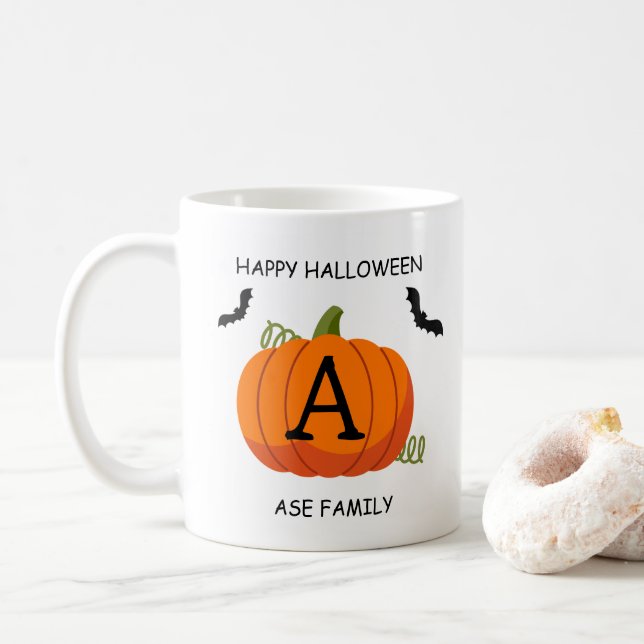 Happy Halloween Orange Pumpkin Custom Initial  Coffee Mug (With Donut)
