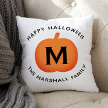 Happy Halloween Orange Pumpkin Custom Initial Throw Pillow<br><div class="desc">Fall home decor pillow features an orange pumpkin with white custom monogram initial and modern "Happy Halloween" wording with custom family name text that can be personalized. Two sided throw pillow design in orange,  black,  and white colors.</div>