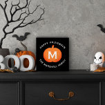 Happy Halloween Orange Pumpkin Custom Initial Wooden Box Sign<br><div class="desc">This scary cute personalized wooden Halloween art decor features an orange pumpkin with white custom monogram initial and modern "Happy Halloween" wording with custom family name text that can be personalized.</div>