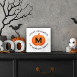 Happy Halloween Orange Pumpkin Custom Initial Wooden Box Sign<br><div class="desc">This scary cute personalized wooden Halloween art decor features an orange pumpkin with black custom monogram initial and modern "Happy Halloween" wording with custom family name text that can be personalized.</div>