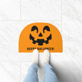 Happy Halloween Orange Pumpkin Face Custom Text Doormat