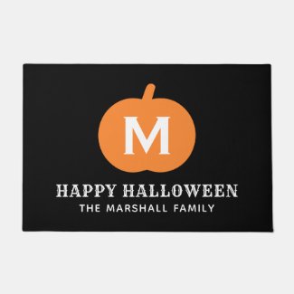 Happy Halloween Orange Pumpkin Family Monogram Doormat