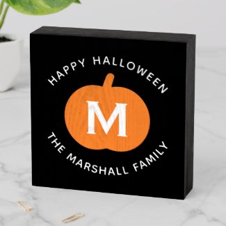 Happy Halloween Orange Pumpkin Family Monogram Wooden Box Sign