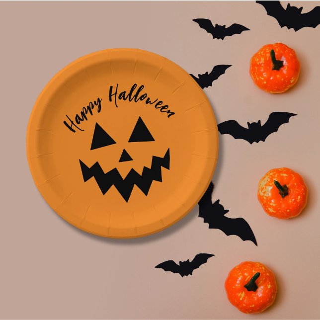 Happy Halloween Orange Pumpkin Jack O Lantern Paper Plates (Creator Uploaded)