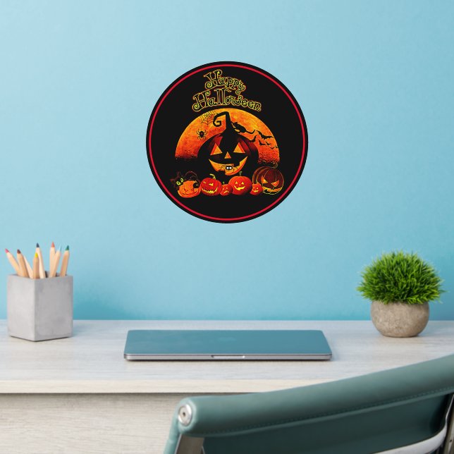 Happy Halloween Orange Pumpkins Moon on 12" sq  Wa Wall Decal (Home Office 2)