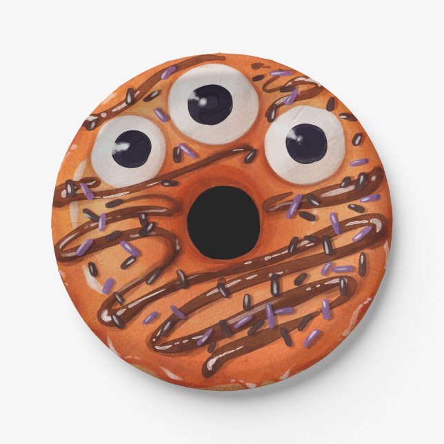 Happy Halloween Orange Three Eyed Monster Donut Paper Plates (Front)