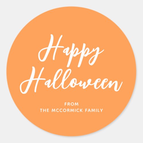 Happy Halloween Orange White Stylish Script Classic Round Sticker