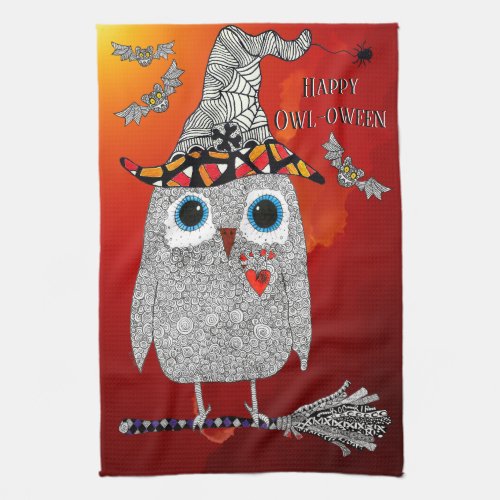 Happy Halloween Owl on a Broom Kitchen Towel