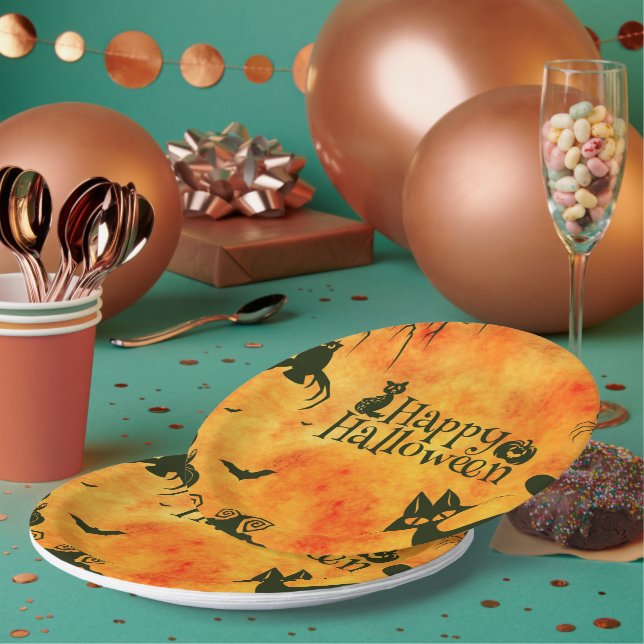Happy Halloween Paper Party Plates Pumpkins Cats   (Multi)