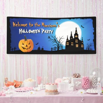 Happy Halloween Party Blue Moonlight Scary Night Banner by UrHomeNeeds at Zazzle