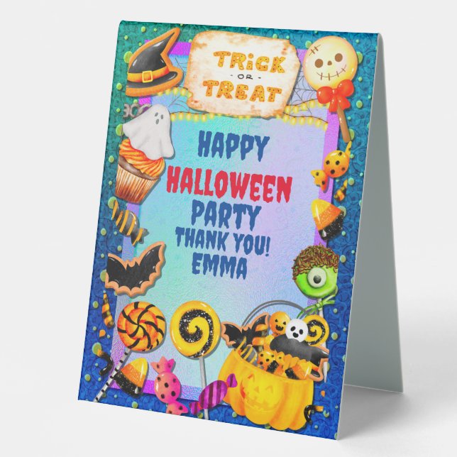 Happy Halloween party filled with trick-or-treat Table Tent (Front)
