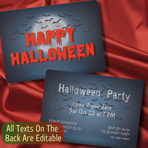 Happy Halloween Party Gothic Blood Full Moon Bats Invitation
