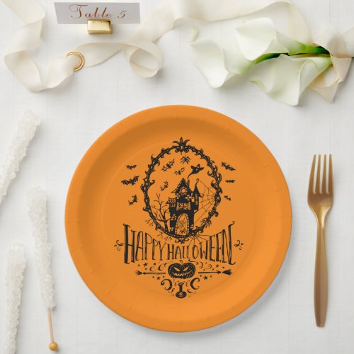 Happy Halloween Party Haunted House Orange Paper Plates