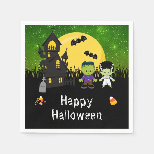 Happy Halloween Party Monsters Green Napkins (Front)