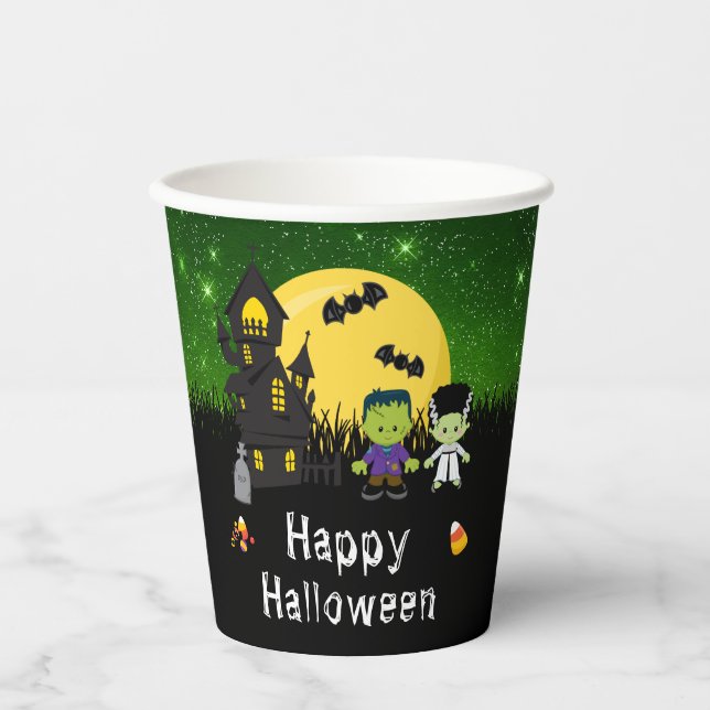 Happy Halloween Party Monsters Green Paper Cups (Front)