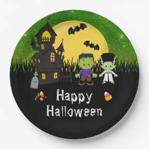 Happy Halloween Party Monsters Green Paper Plates